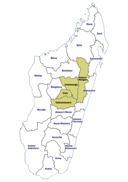 Carte des zones d’intervention de Manda Spring à Madagascar : Antananarivo, Antsirabe, Moramanga, Soavinandriana